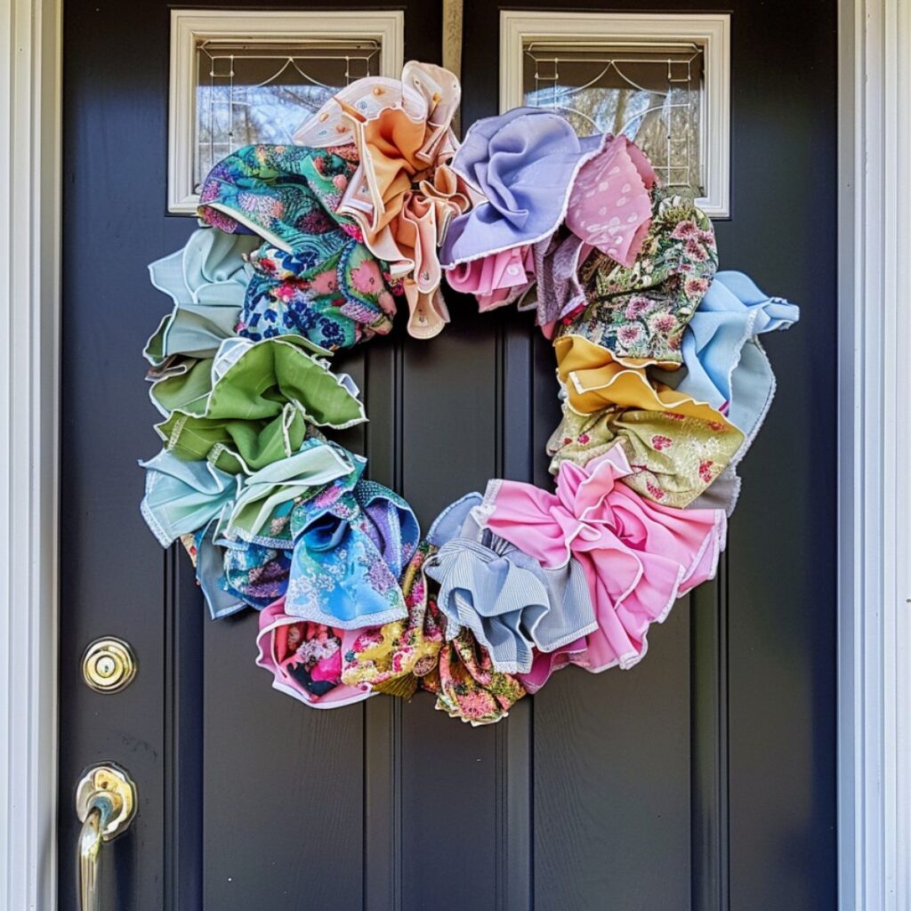 Wreath made with colorful hankerchiefs. 