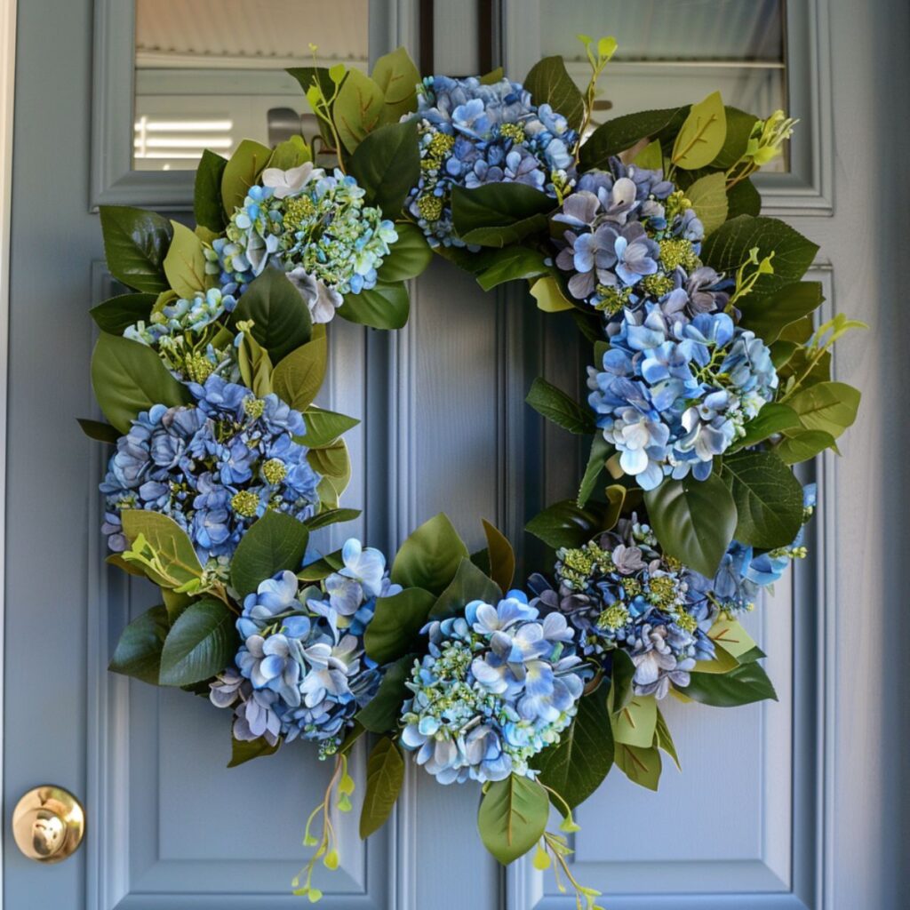 Wreath made with hydrangea on a door.
