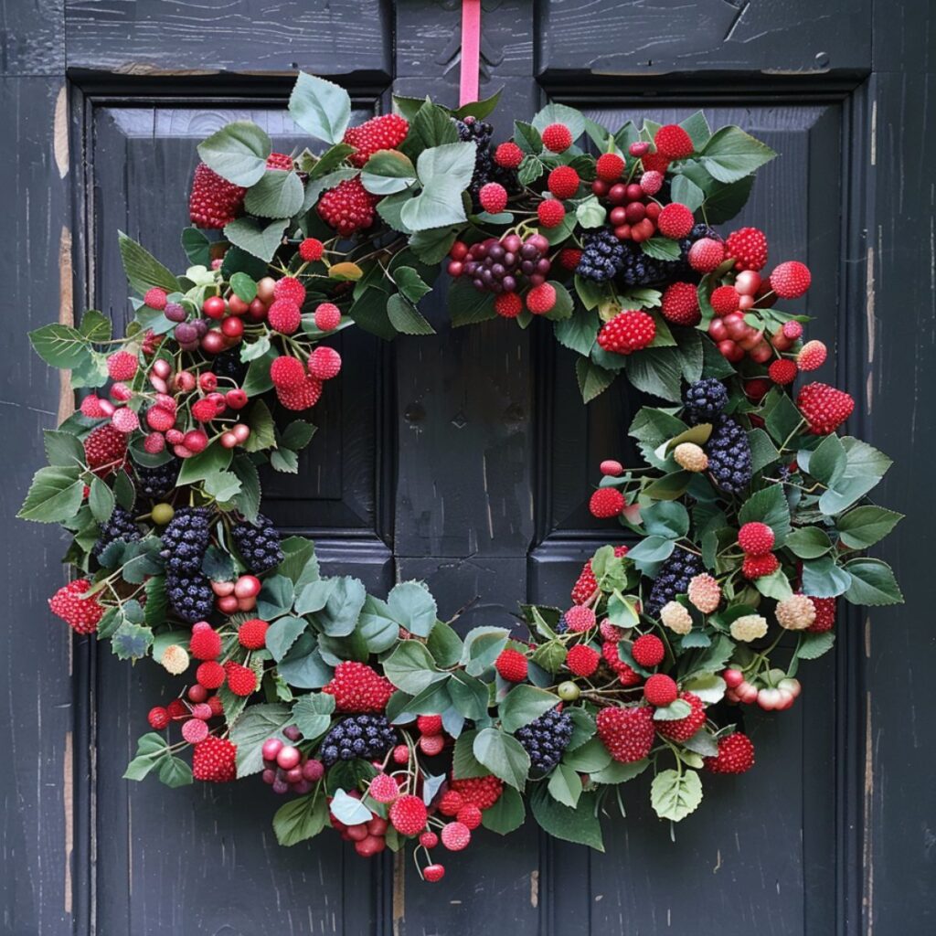 Wreath made with summer berries hanging on the door.