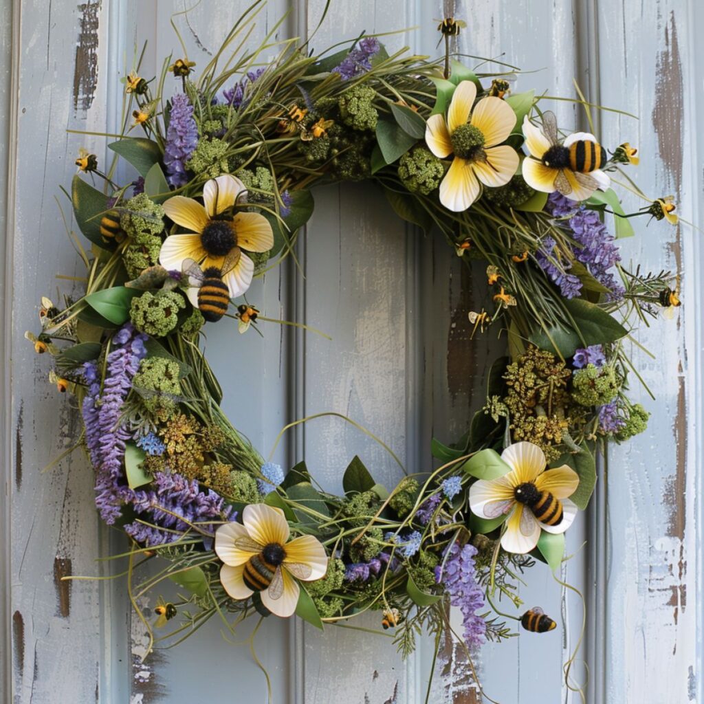 Wreath with flowers, lavender, and bumble bee decorations. 