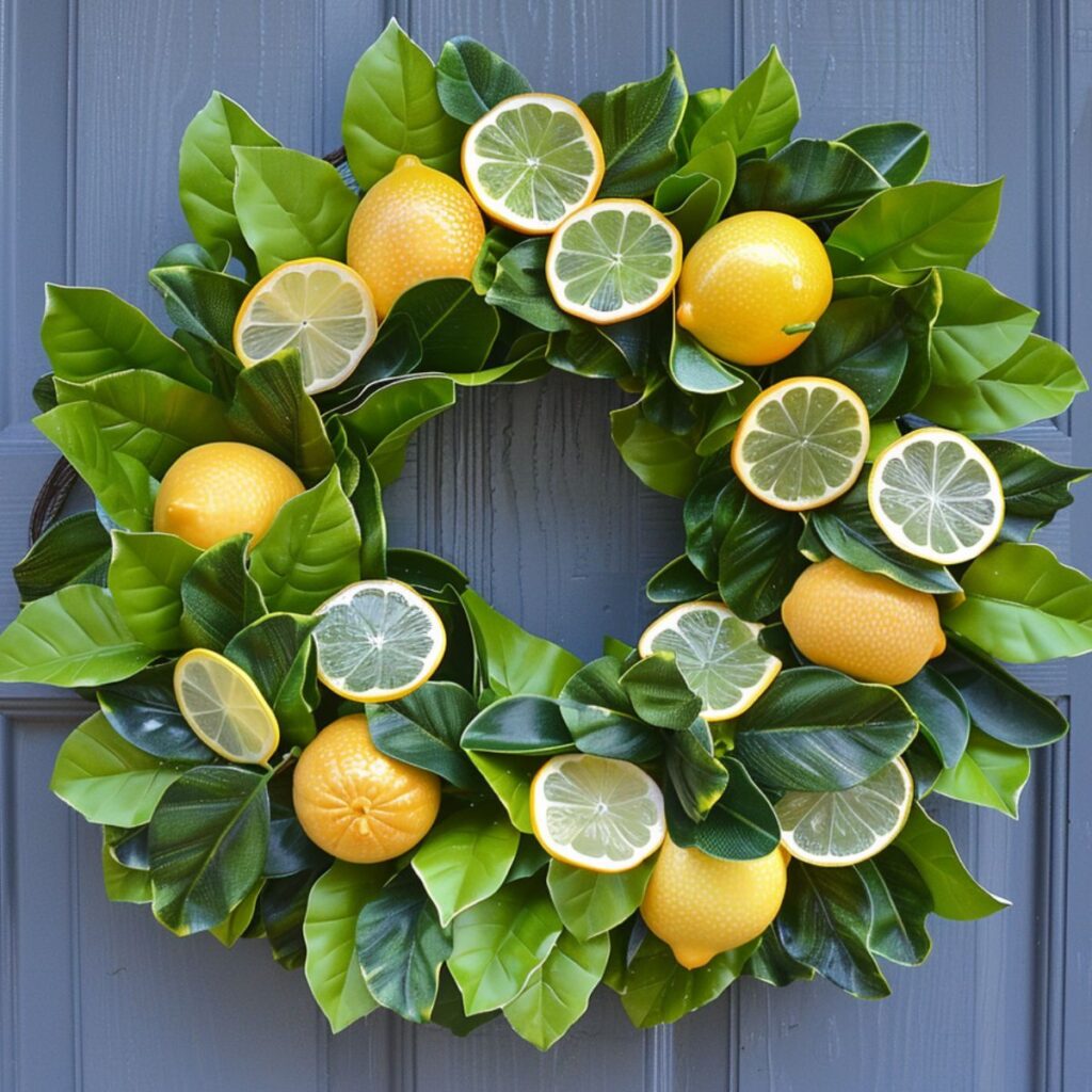 Front door wreath decorated with leaves, lemons, and limes. 