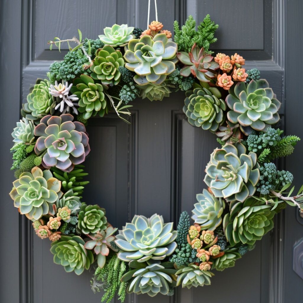 Succulent wreath on a door.