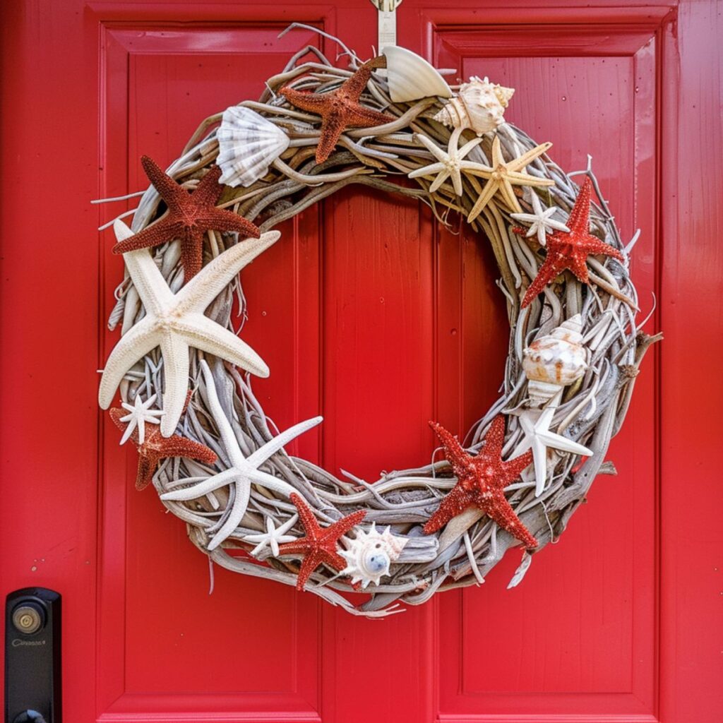 Wreath on a red door made with sea shells and driftwood.

