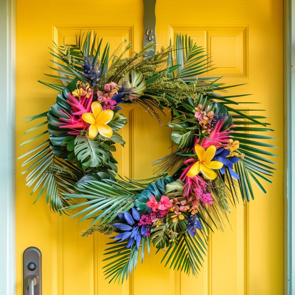 Wreath made with tropical flowers hanging on a yellow door.
