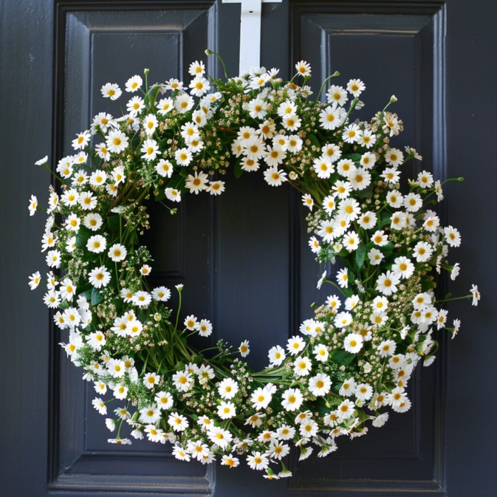 Wreath made with small daisies hanging on a door.