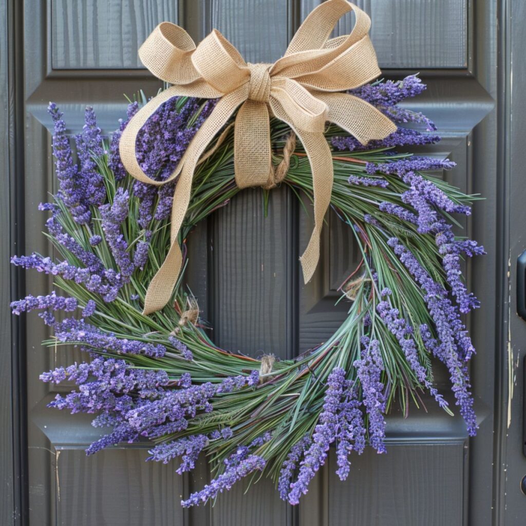 Lavender wreath hanging on a door.