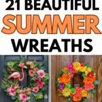A group of summer wreaths on a front door.