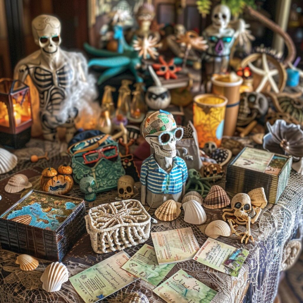 Table with skeletons, cards, sea shells, and more for a scavenger hunt.