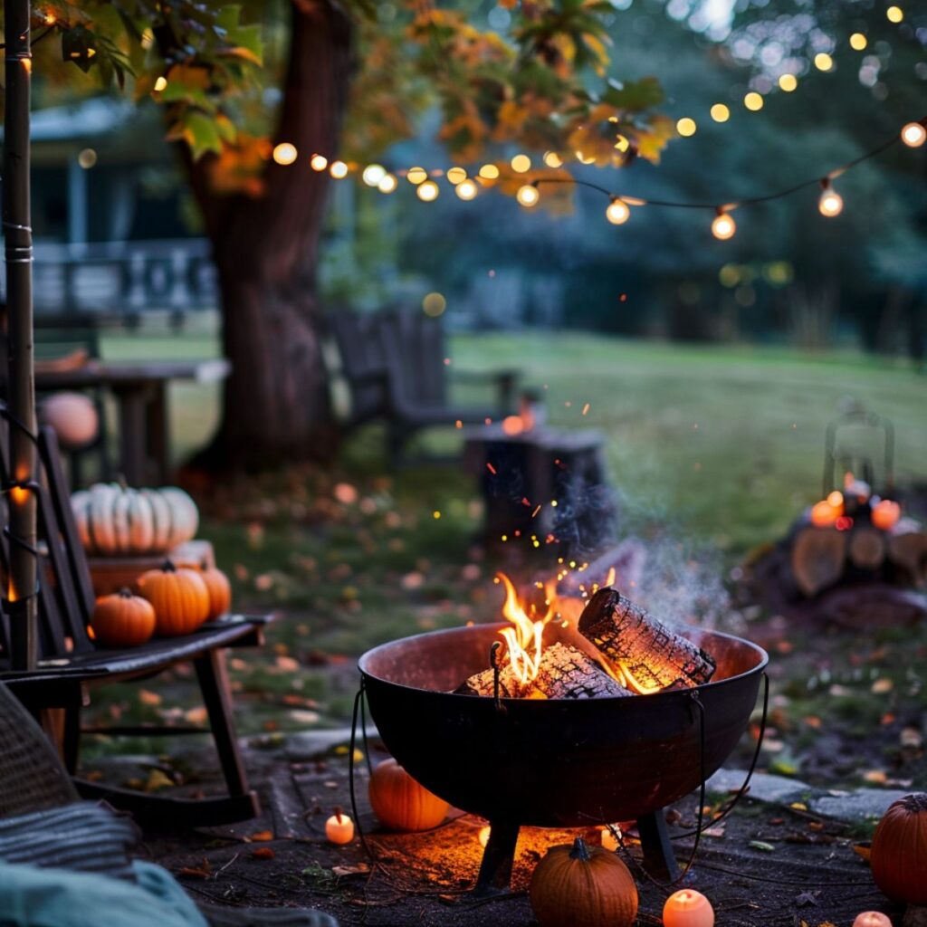 Outside fire pit with string lights.