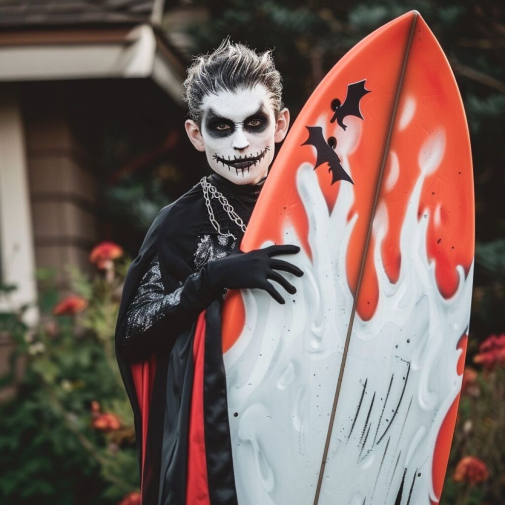 A boy dressed as a vampire holding a surfboard. 
