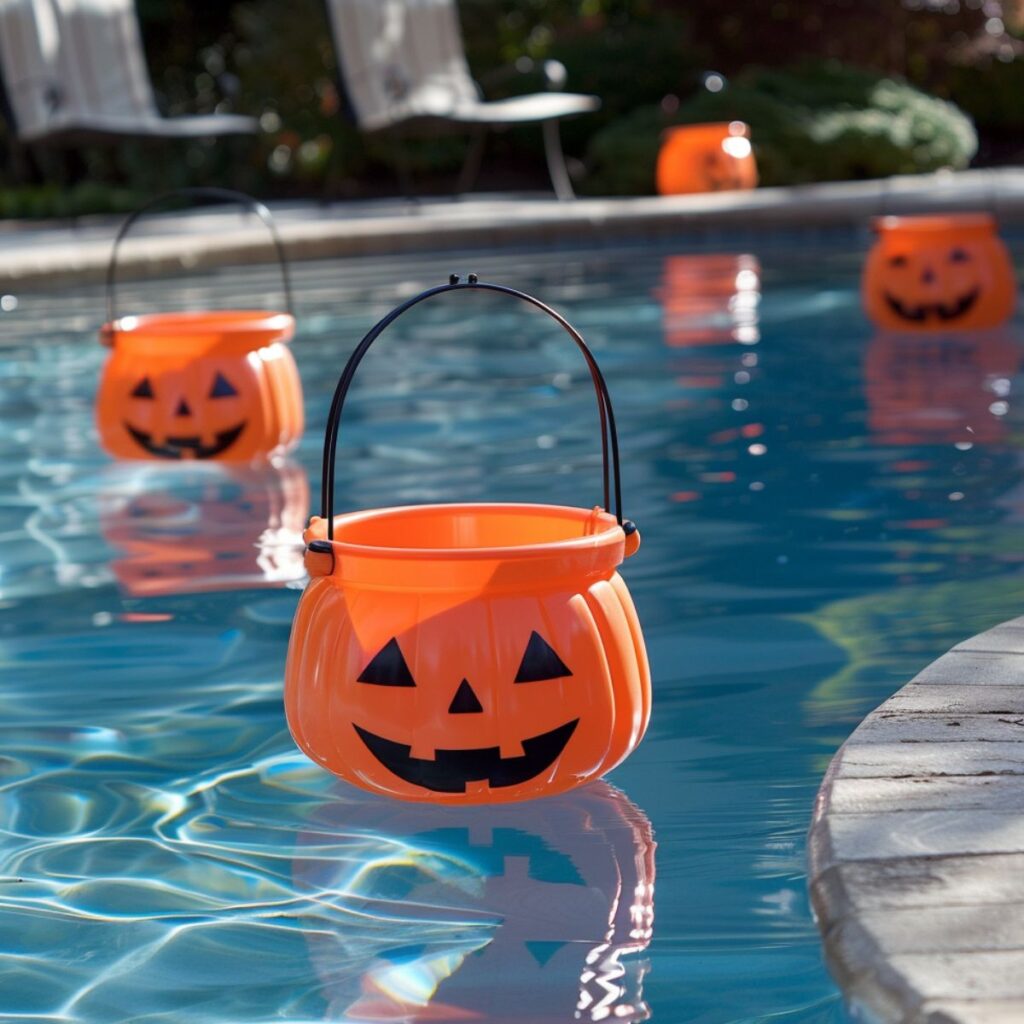Jack-o-lantern candy buckets floating in a swimming pool. 