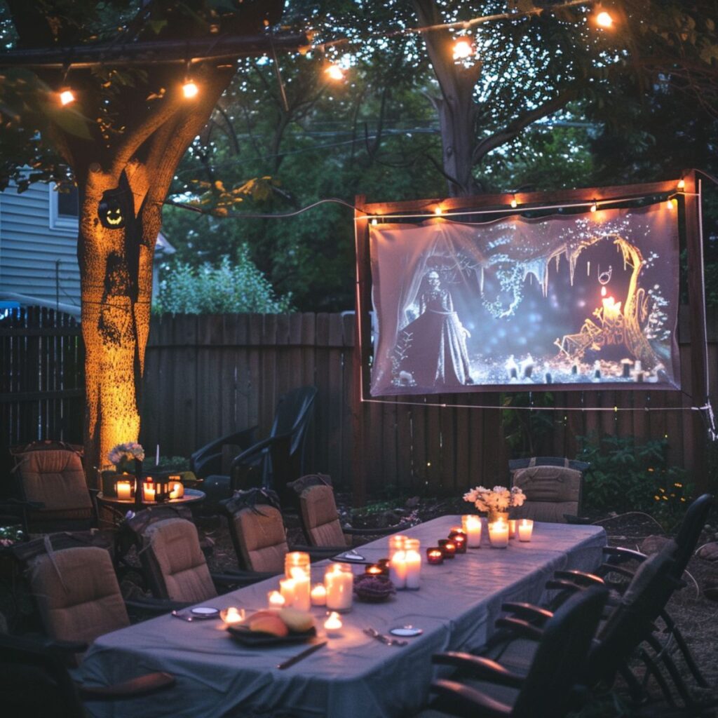 Backyard with a table set with candles and an outdoor movie screen.