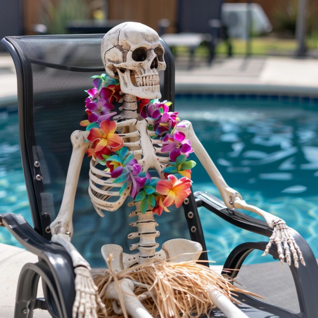 Fake skeleton dressed in a Hawaiian lei by a pool. 