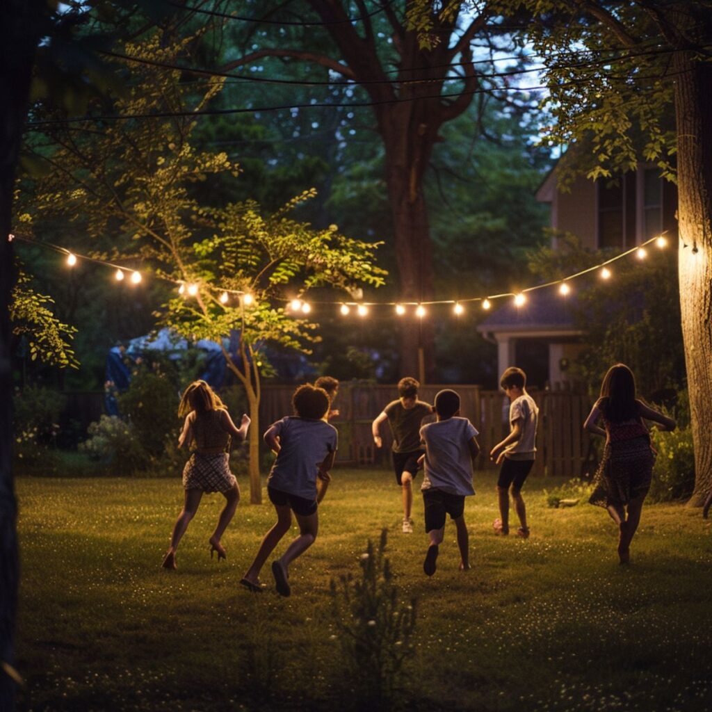 Night time backyard party with kids playing tag. 