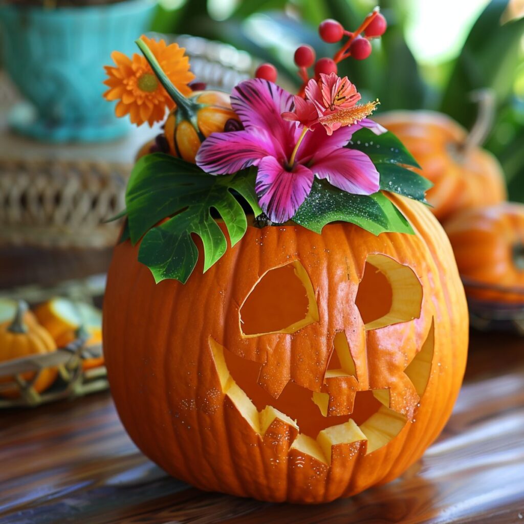 Jack o lantern topped with flowers. 