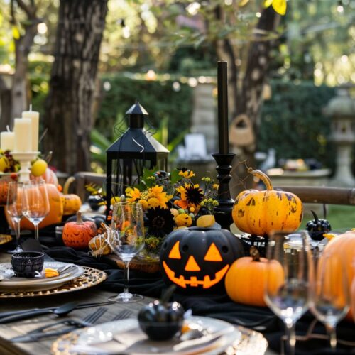 Table set with a Halloween theme for a summer party.