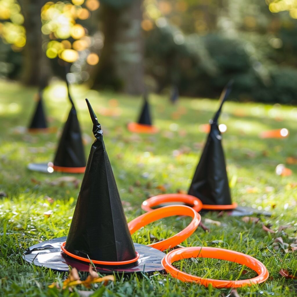 Witches hats in a yard with orange rings. 