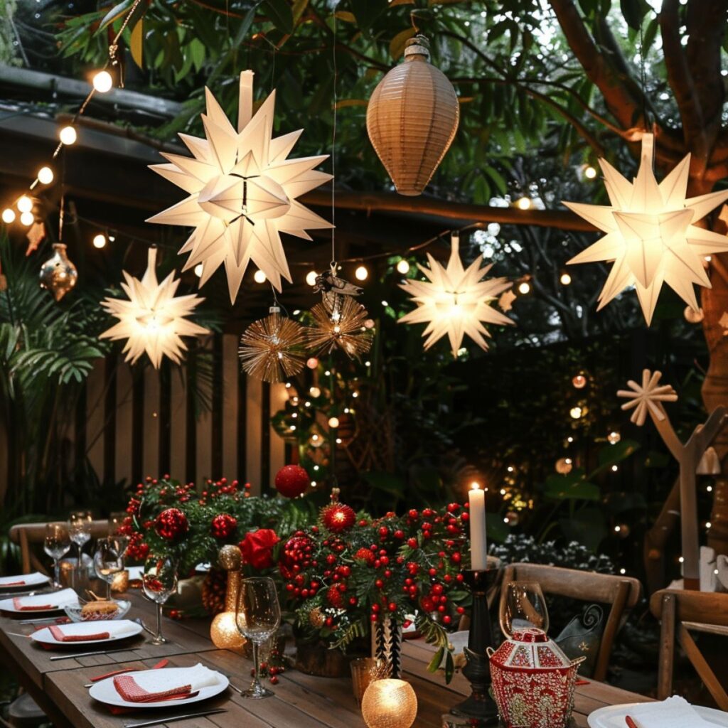 Outside table set with Christmas decorations. 