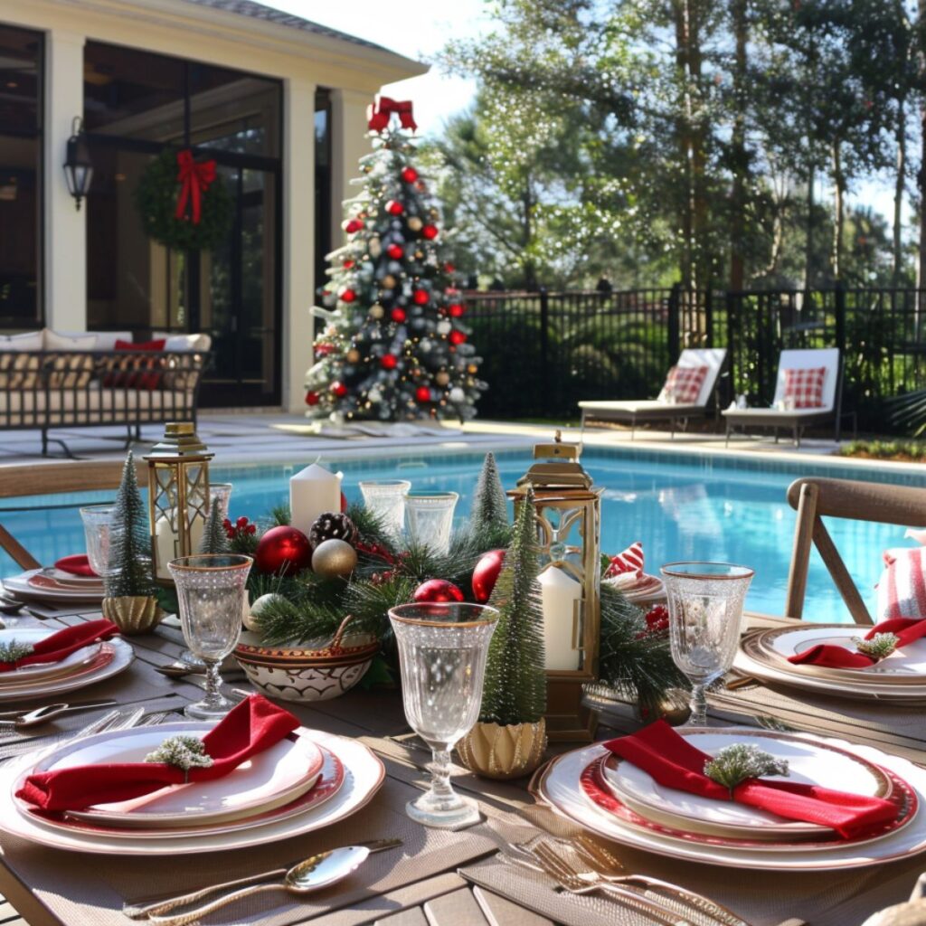 Patio table set with Christmas decor by a pool. 