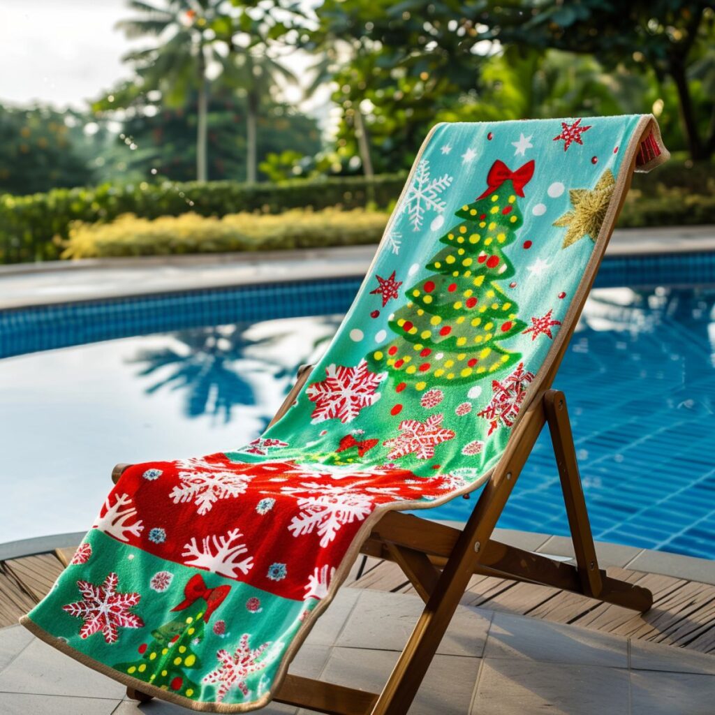 Beach chair with a christmas beach towel.