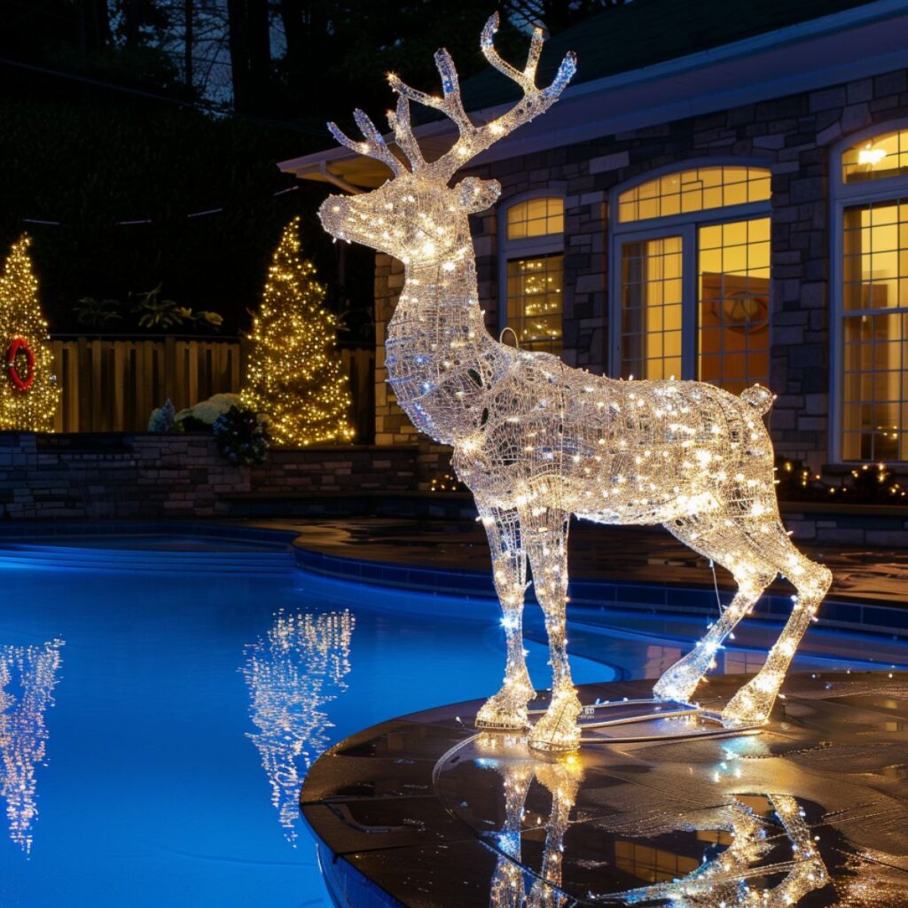 Lighted reindeer by a pool at night.