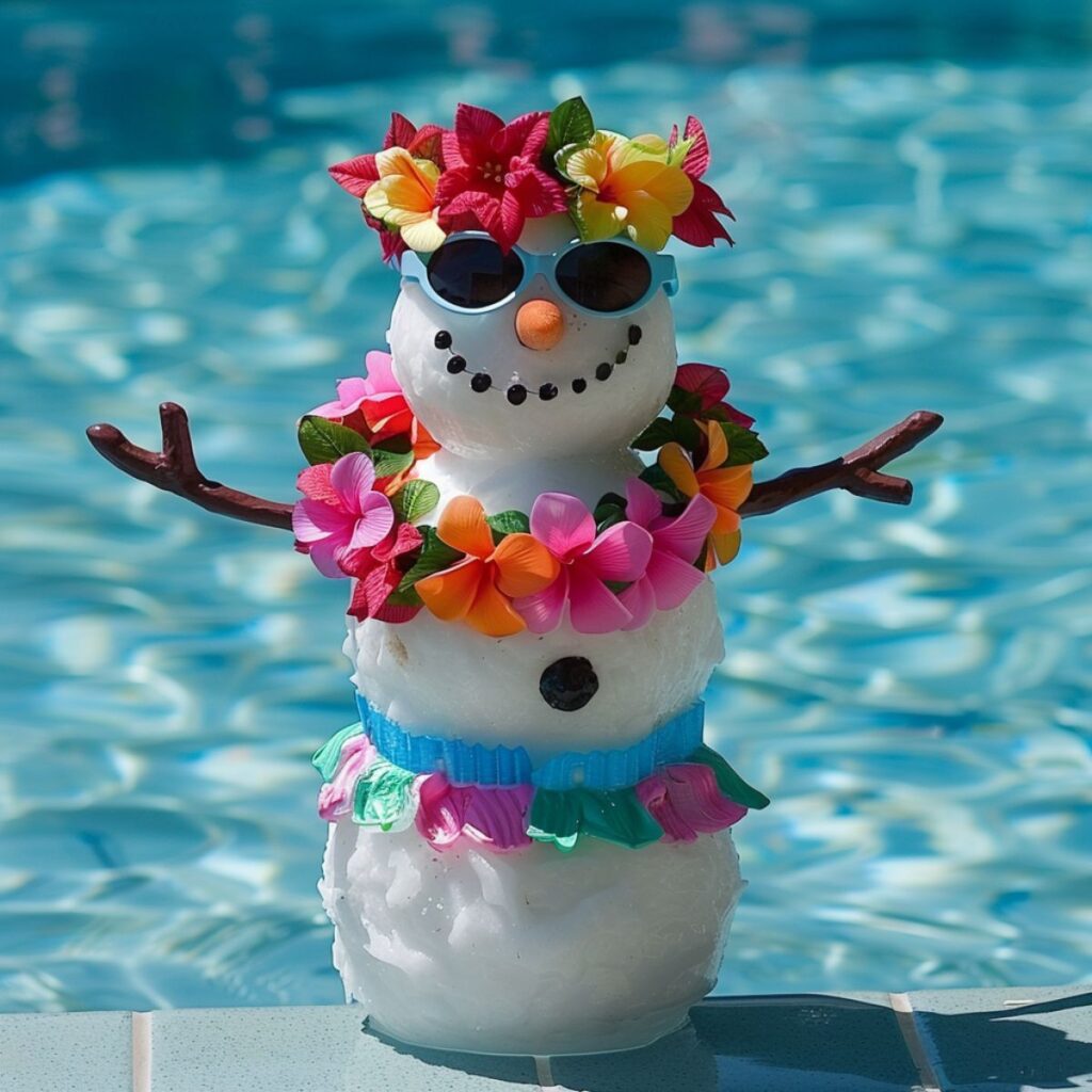 Snowman decoration by a pool.