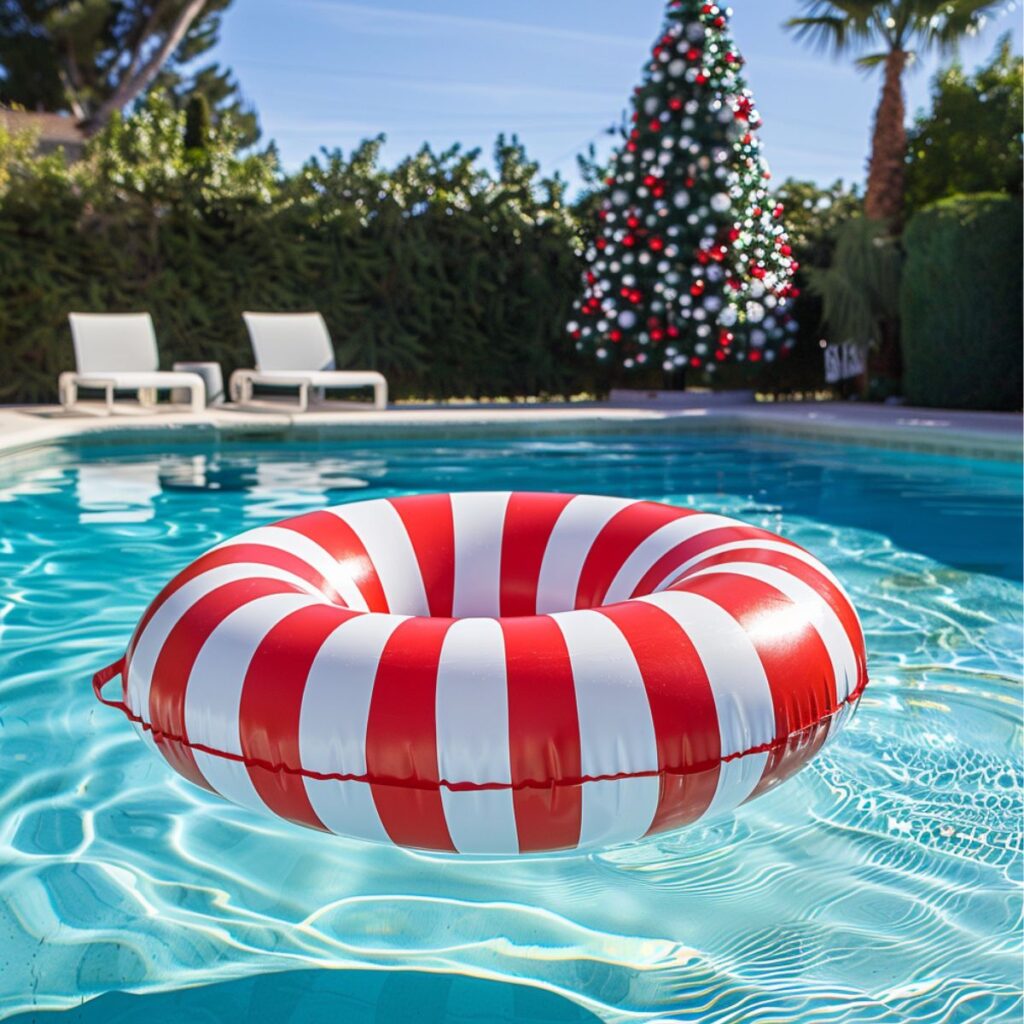 Red and white striped float in a pool. 