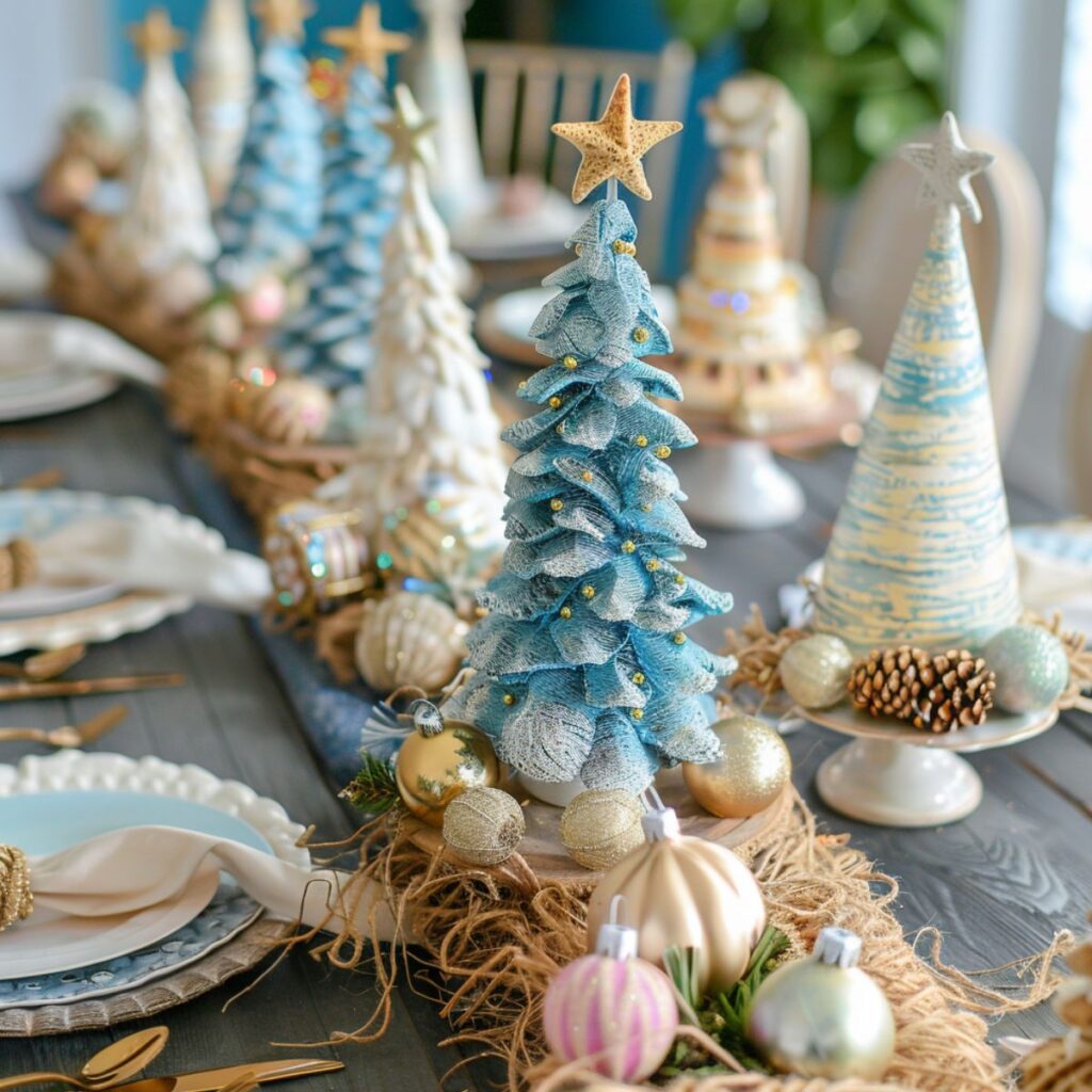 Table set with blue, mini christmas trees. 