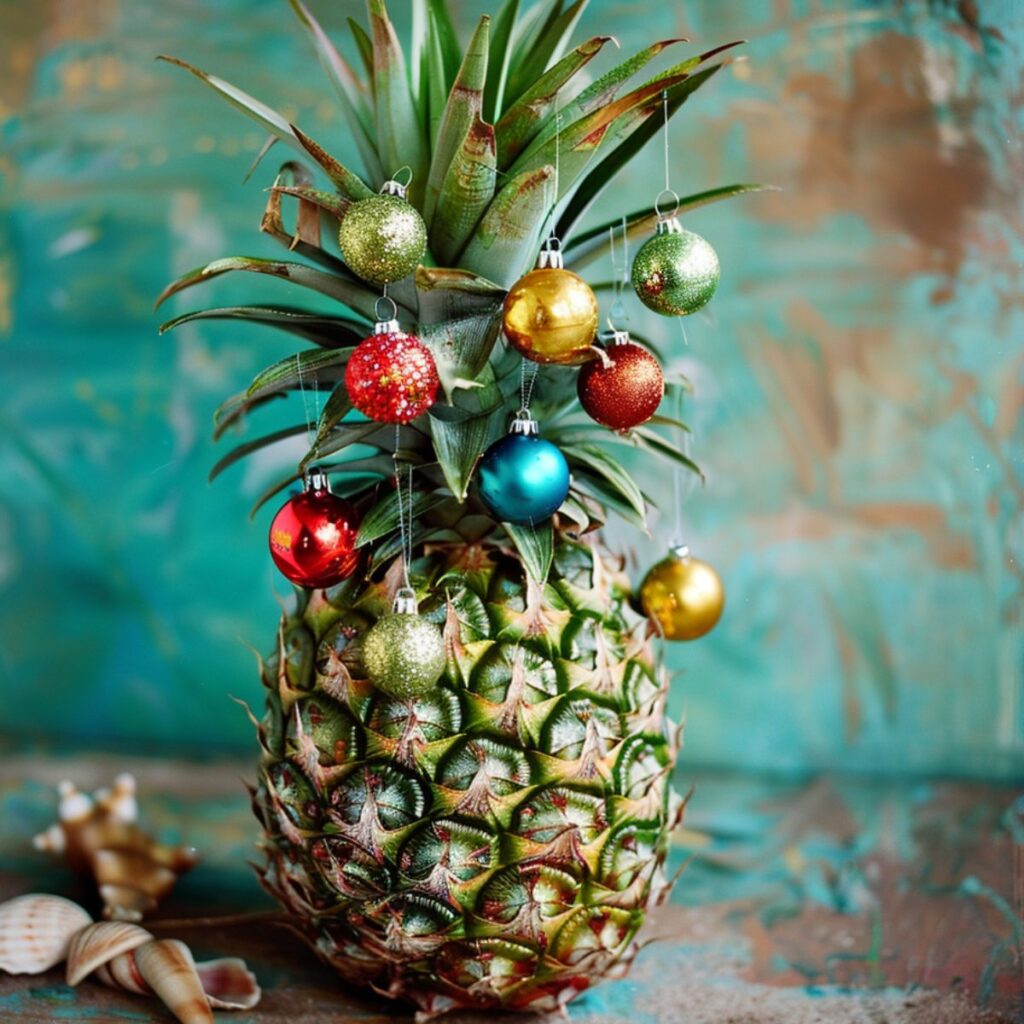 Pineapple with christmas ornaments hanging from the fronds.