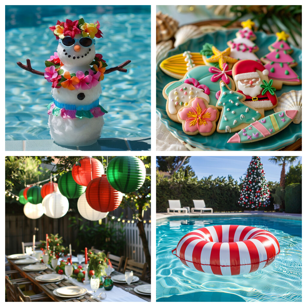 Snowman by a pool, plate of christmas cookies, striped float in a pool.