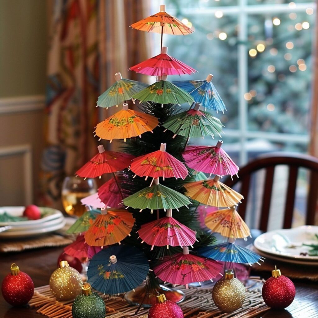 Cocktail umbrellas in a small christmas tree.