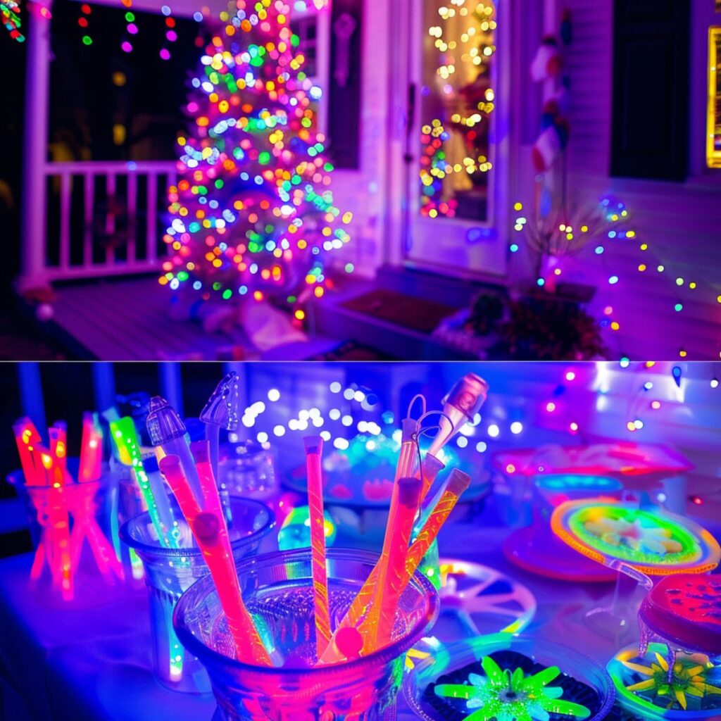 Christmas tree and neon glow sticks. 