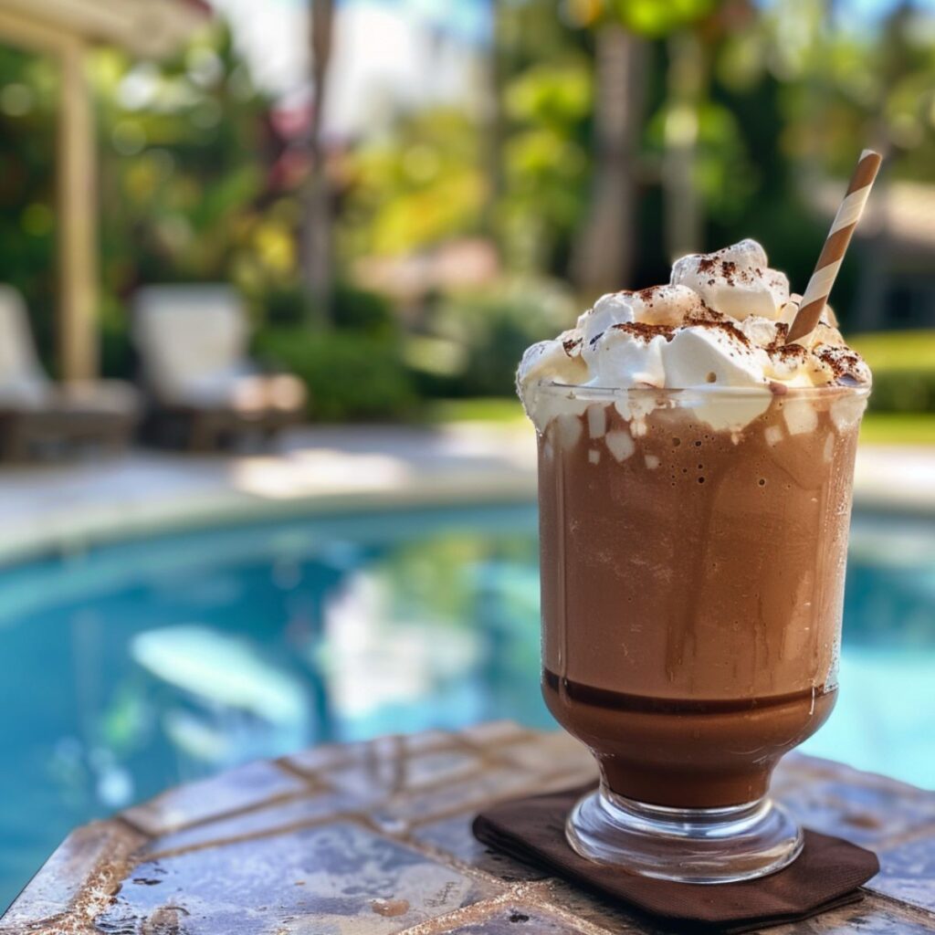 Glass of frozen hot chocolate by the pool.