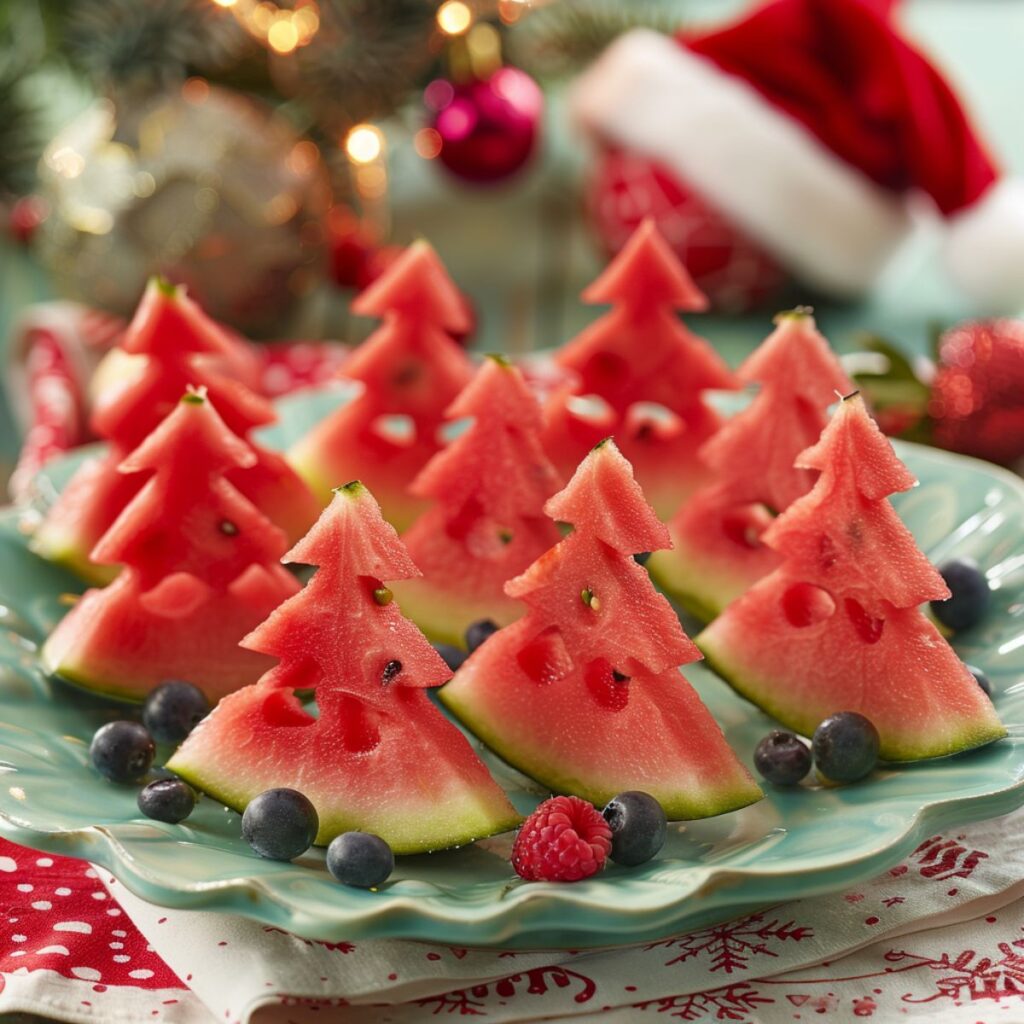 Watermelon slices in the shape of a christmas tree.
