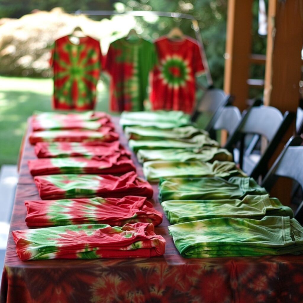 Red and green tie-dye shirts on a table.