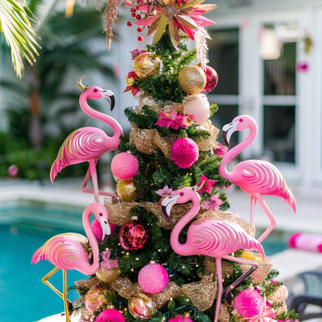 Christmas tree decorated with pink balls and flamingo ornaments. 