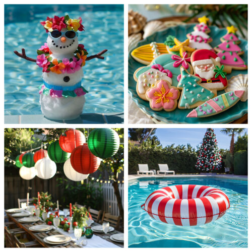 Snowman by the pool, plate of Christmas cookies, pool float in a pool, and outside party table.