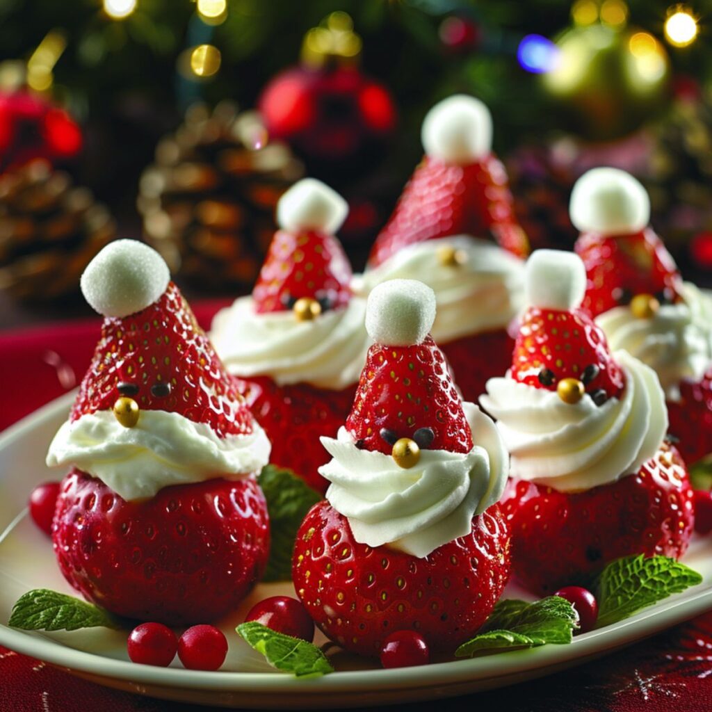 Strawberries and cream made to look like santa claus.
