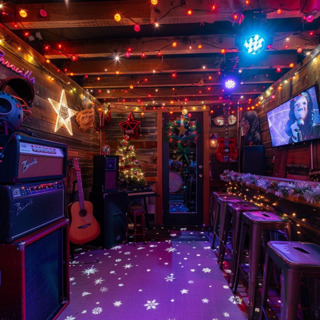 A room decorated with christmas lights and a tv. 