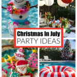 Snowman dressed in swim trunks, striped float, and christmas cookies on a plate.