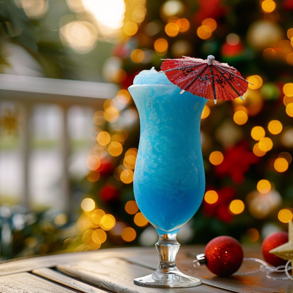 Frozen blue drink on a table in front of a christmas tree.