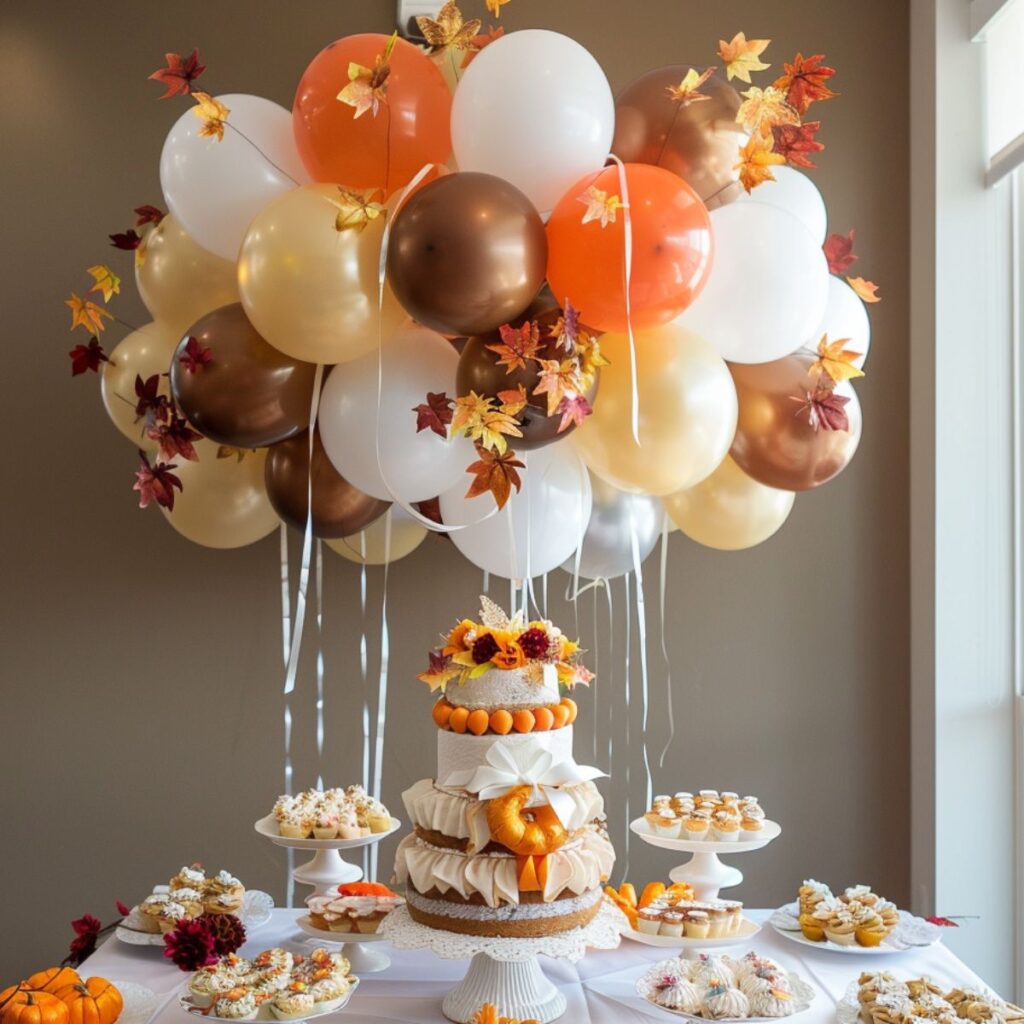 Party table with a diaper cake and fall colored balloons. 