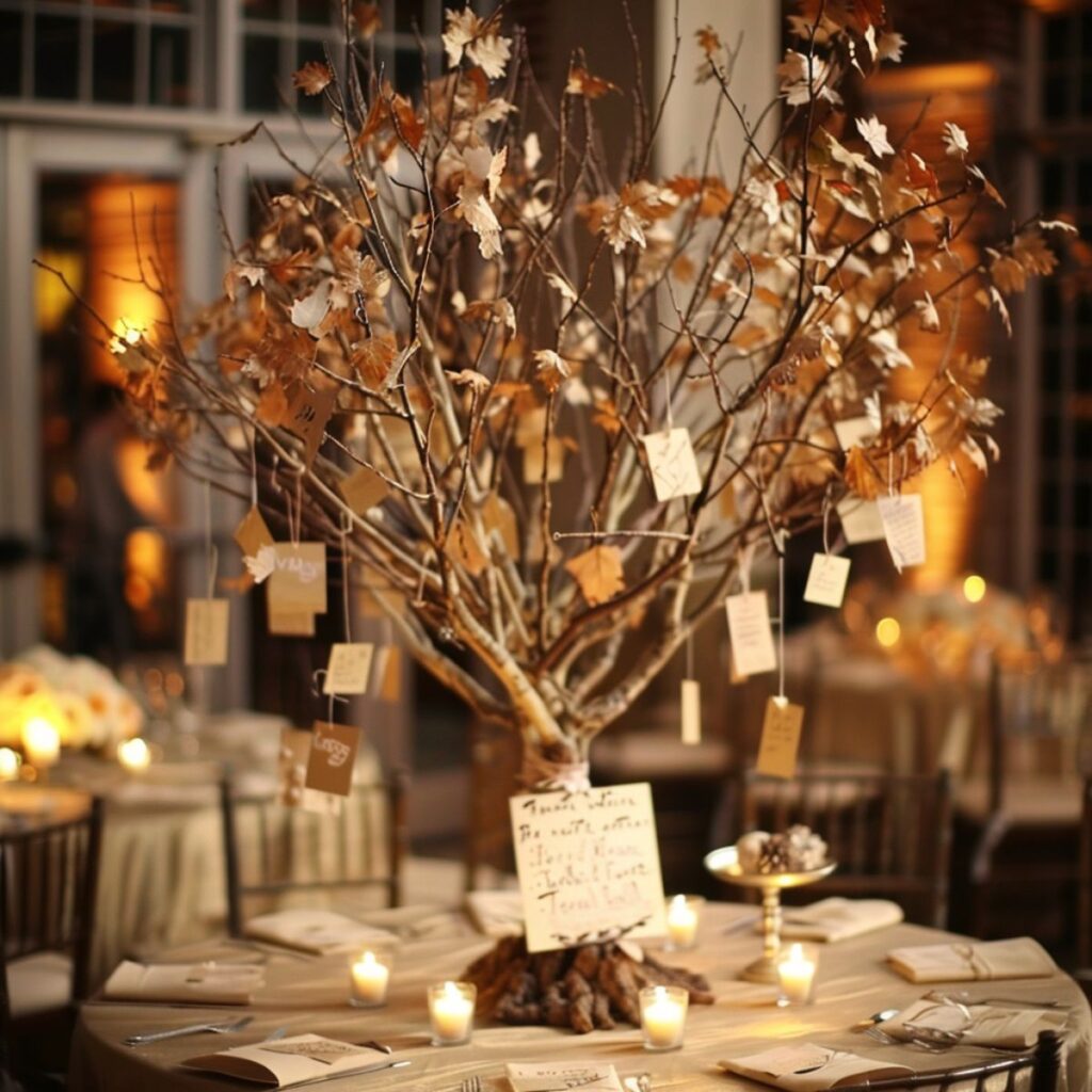 Tree table centerpiece with notes hanging from the tree.