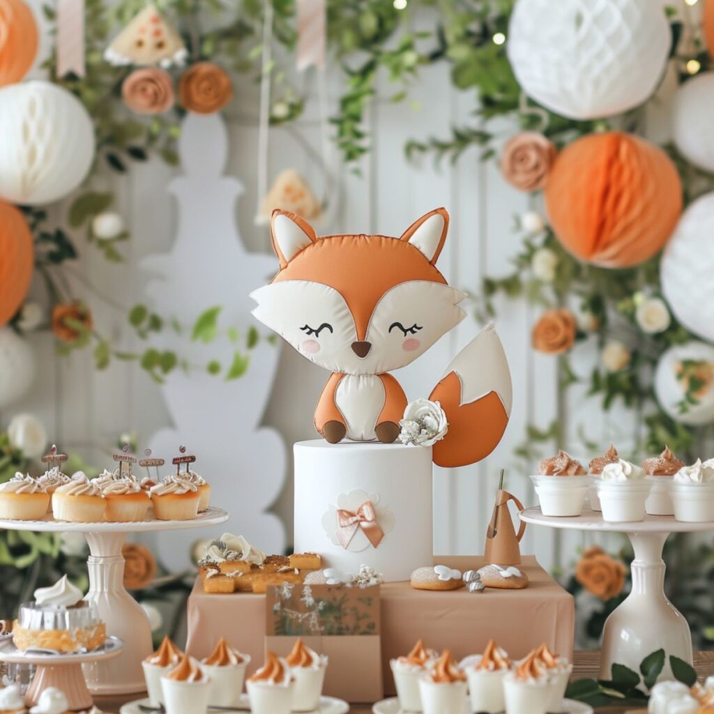 A cute fox themed baby shower party table. 