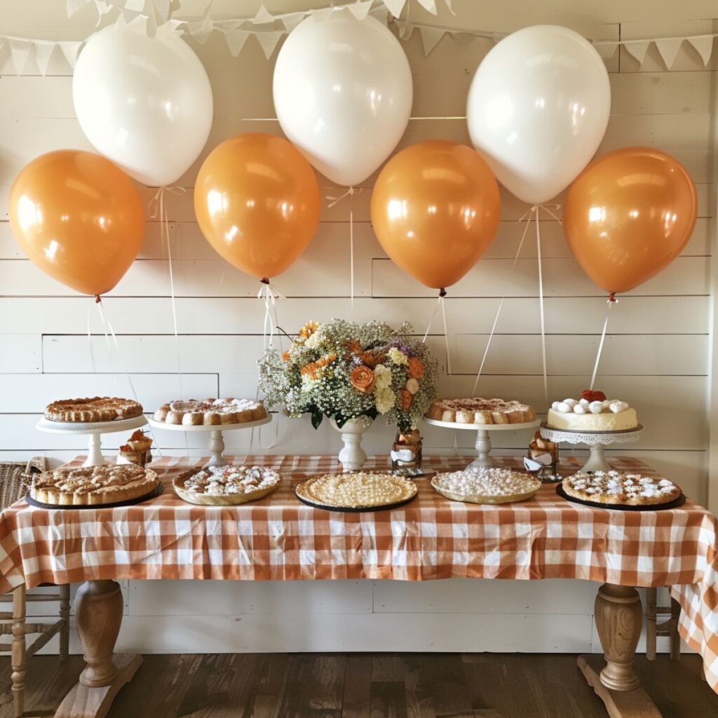 Buffet table with orange and white balloons and topped with pies. 