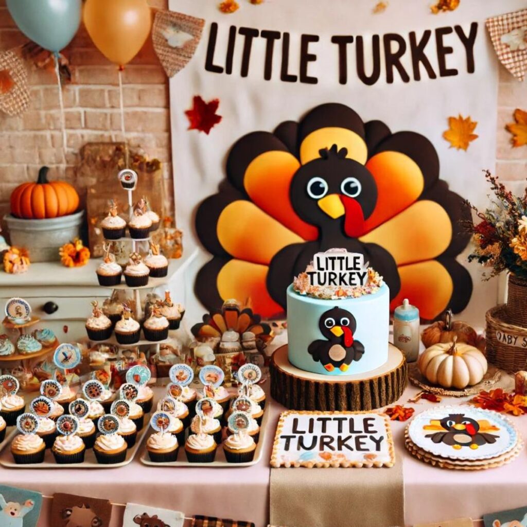 Party table with a cute turkey and little turkey cake. 
