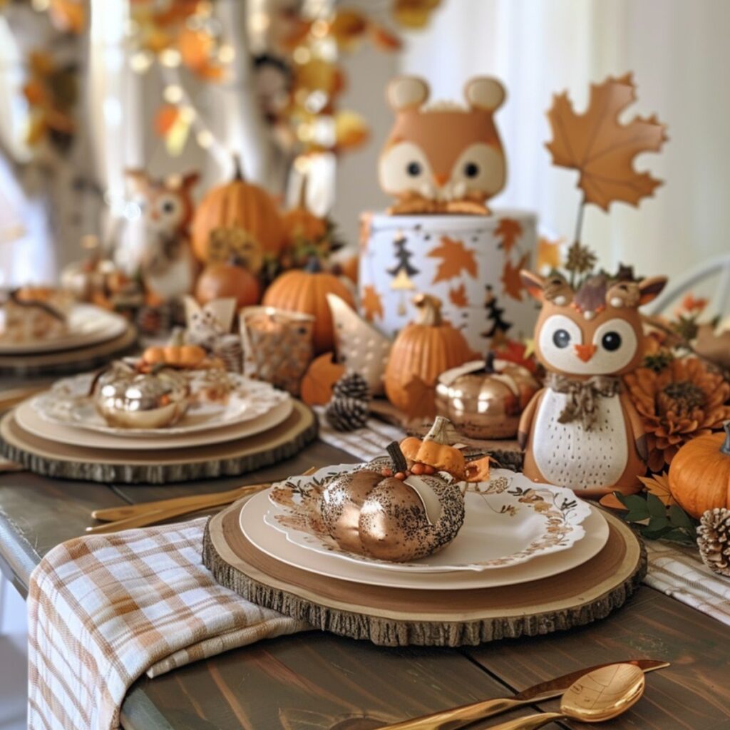 Table set with woodland creatures, plates, and pumpkins. 