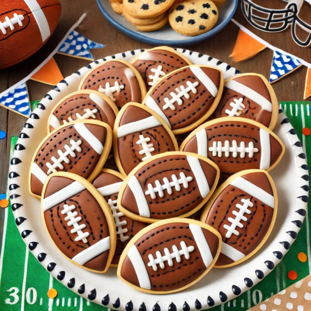 Plate of cookies decorated like footballs.