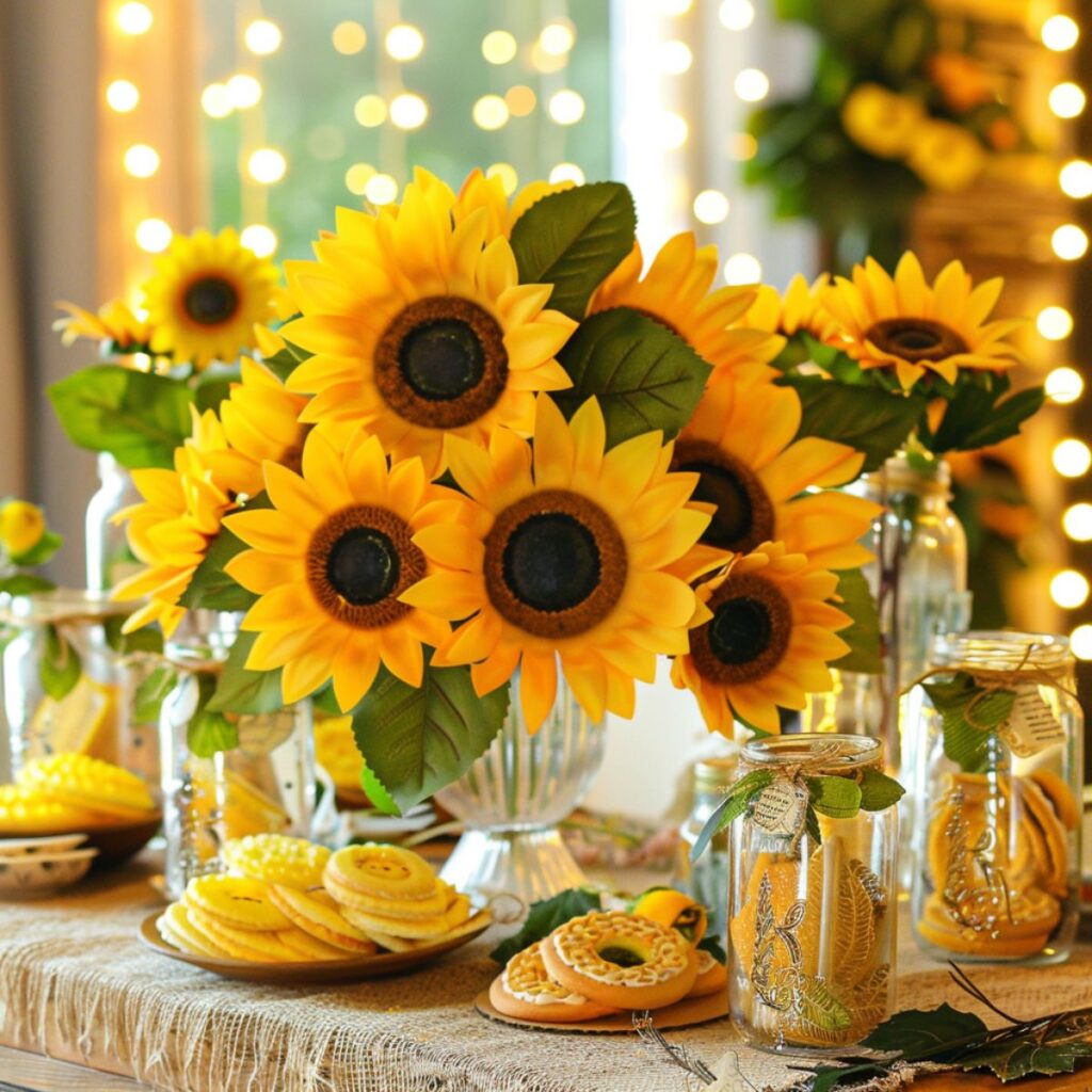 Vase of sunflowers on a table with a plate of cookies. 