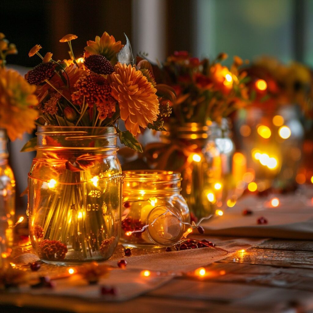 Table with mason jars, fairy lights, and flowers. 